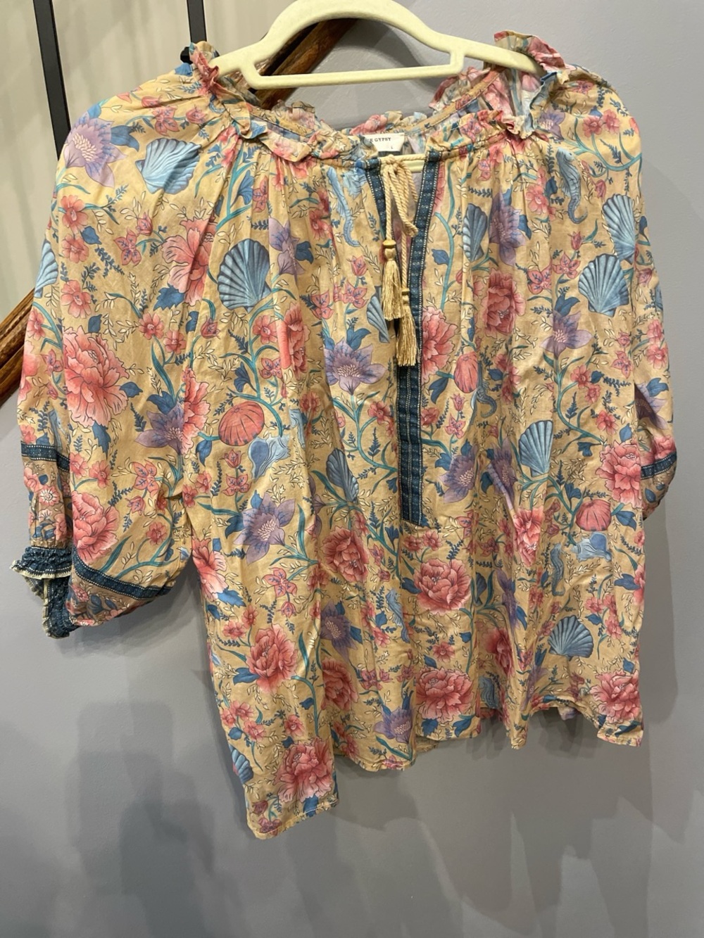Spell & The Gypsy Boho Floral Peasant Top in Yellow with Pink & Blue Accents